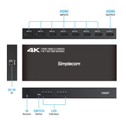 Simplecom CM317 7-Port HDMI 2.0 Switch with Remote 7 IN 1 OUT Splitter HDCP 2.2 4K@60Hz V28-SIMCM317