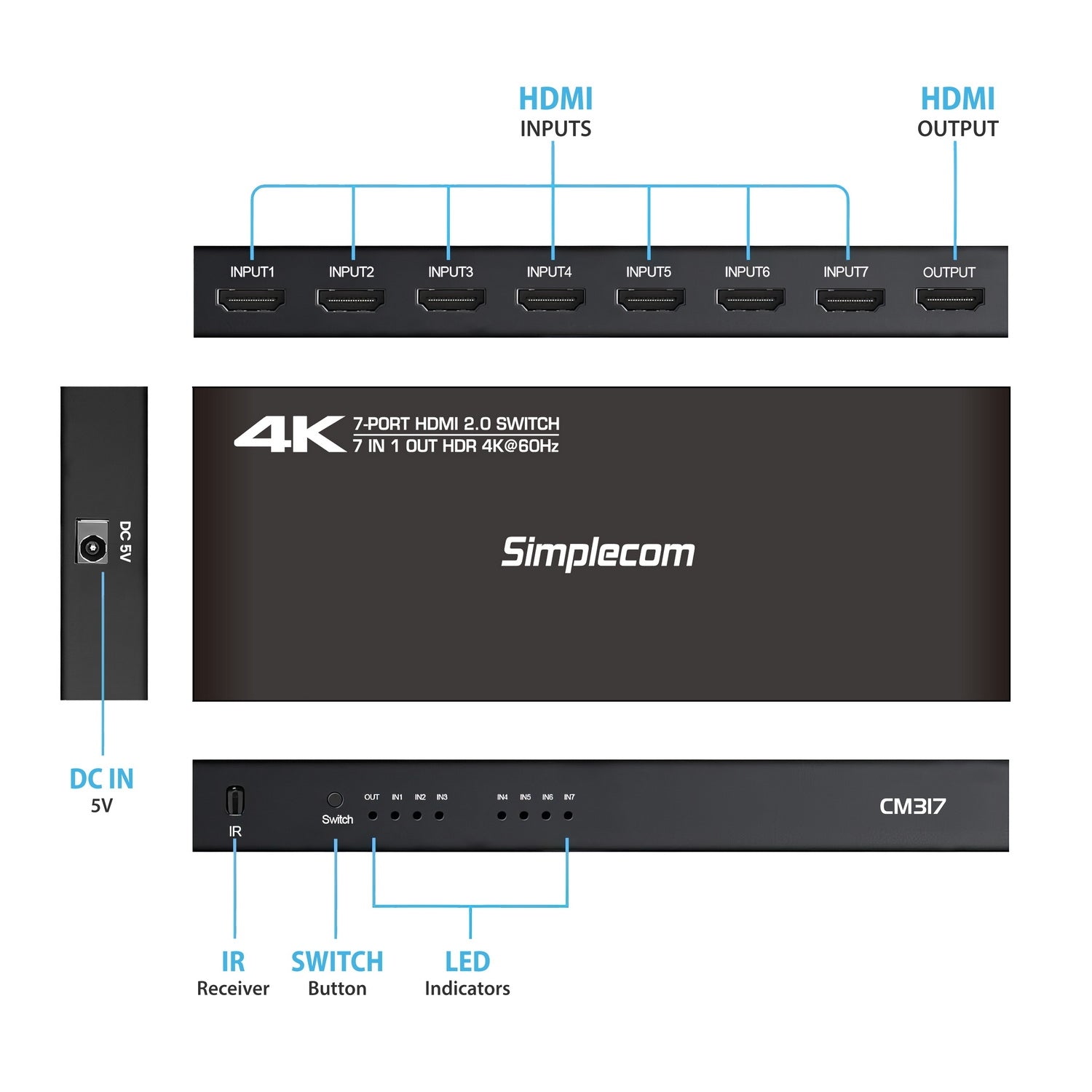 Simplecom CM317 7-Port HDMI 2.0 Switch with Remote 7 IN 1 OUT Splitter HDCP 2.2 4K@60Hz V28-SIMCM317