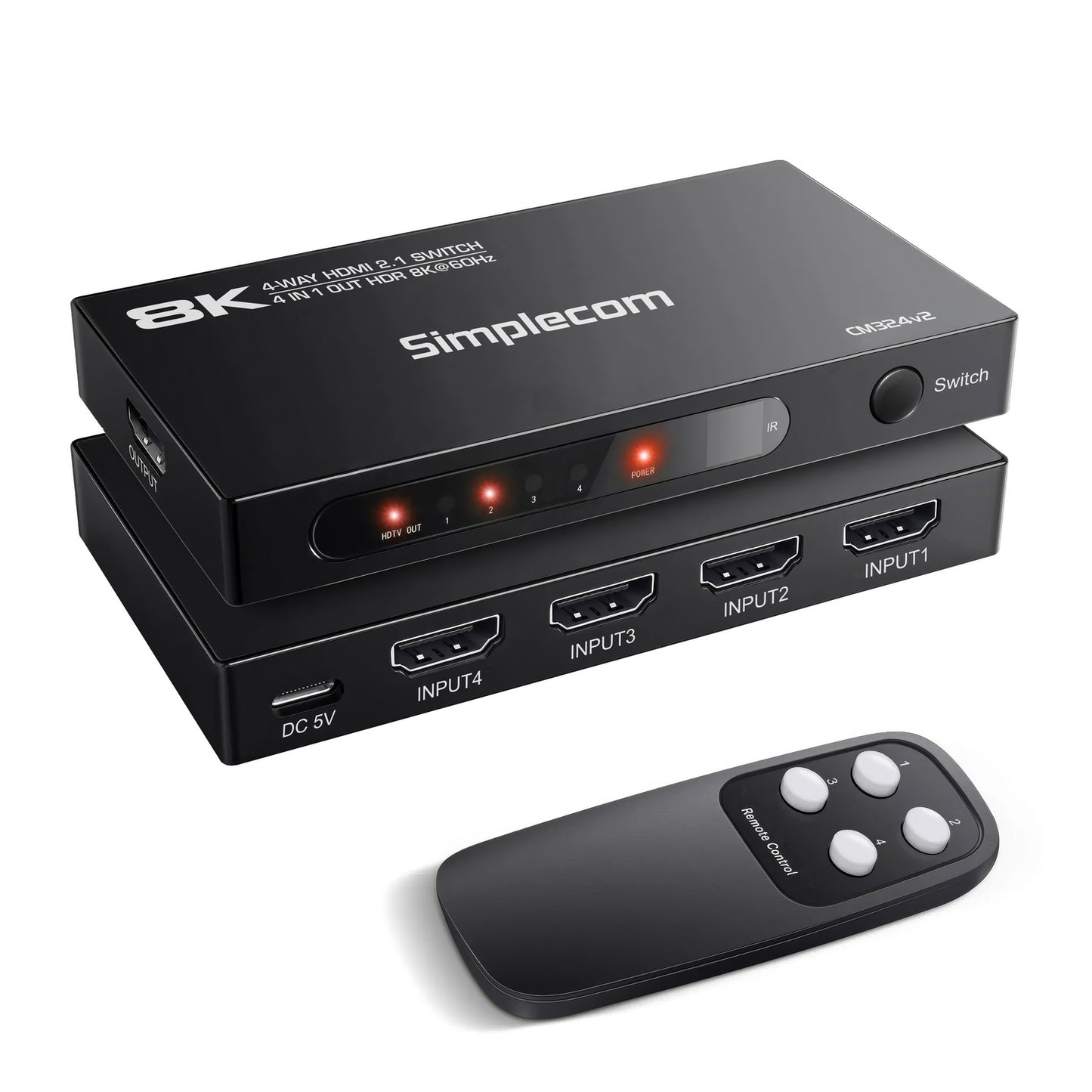 Simplecom CM324v2 4-Port HDMI 2.1 Switch with Remote 4 IN 1 OUT Splitter HDCP 2.3 8K@60Hz V28-SIMCM324V2