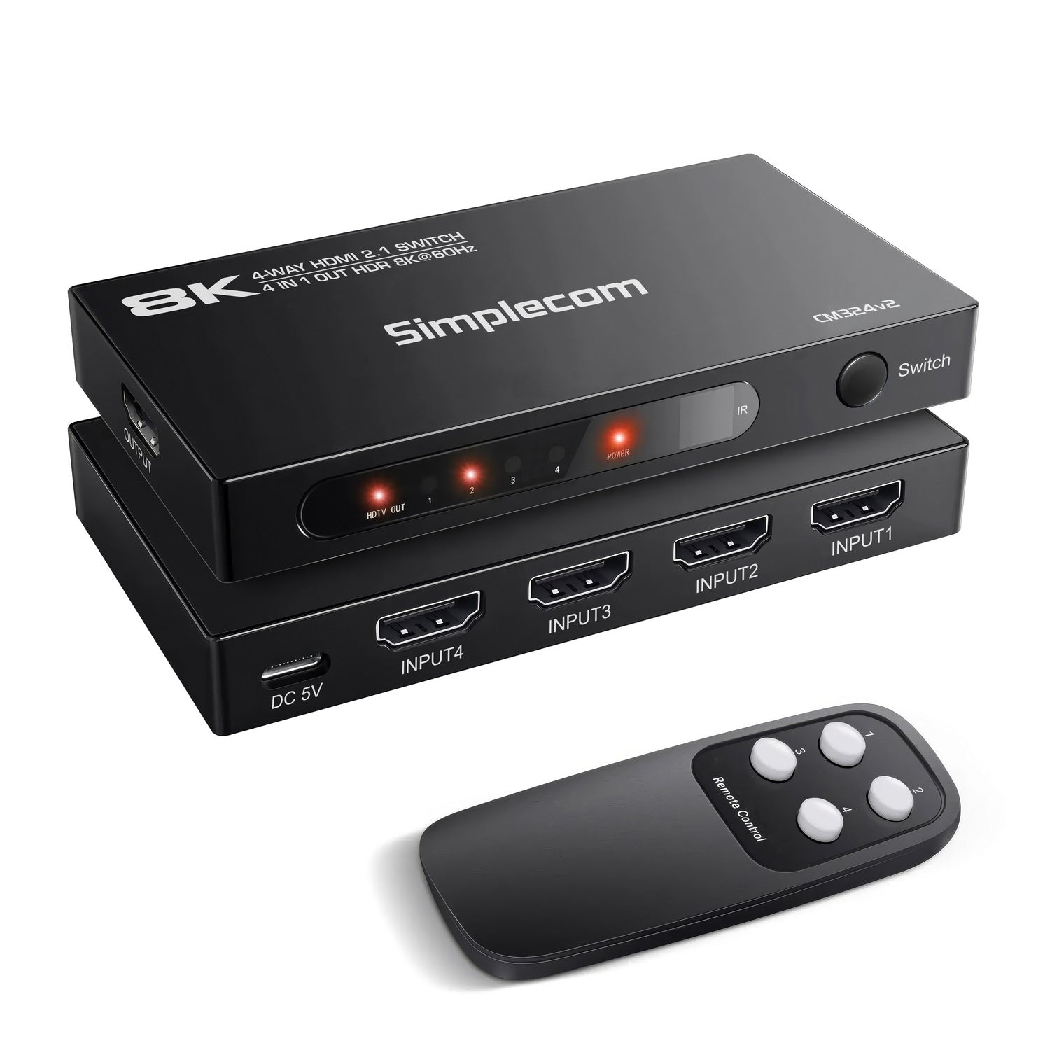 Simplecom CM324v2 4-Port HDMI 2.1 Switch with Remote 4 IN 1 OUT Splitter HDCP 2.3 8K@60Hz V28-SIMCM324V2