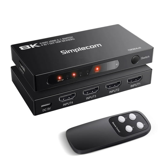 Simplecom CM324v2 4-Port HDMI 2.1 Switch with Remote 4 IN 1 OUT Splitter HDCP 2.3 8K@60Hz V28-SIMCM324V2