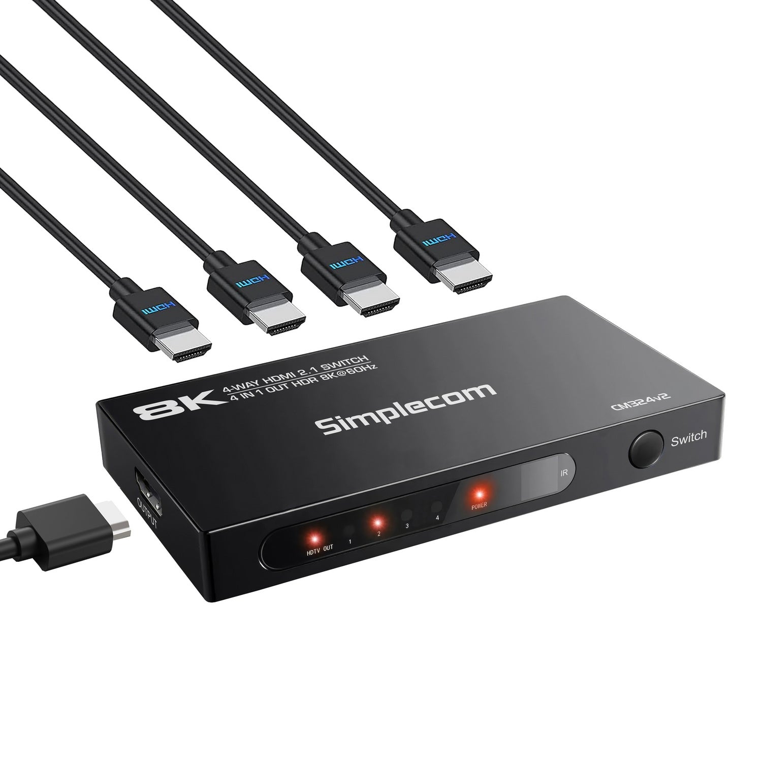 Simplecom CM324v2 4-Port HDMI 2.1 Switch with Remote 4 IN 1 OUT Splitter HDCP 2.3 8K@60Hz V28-SIMCM324V2