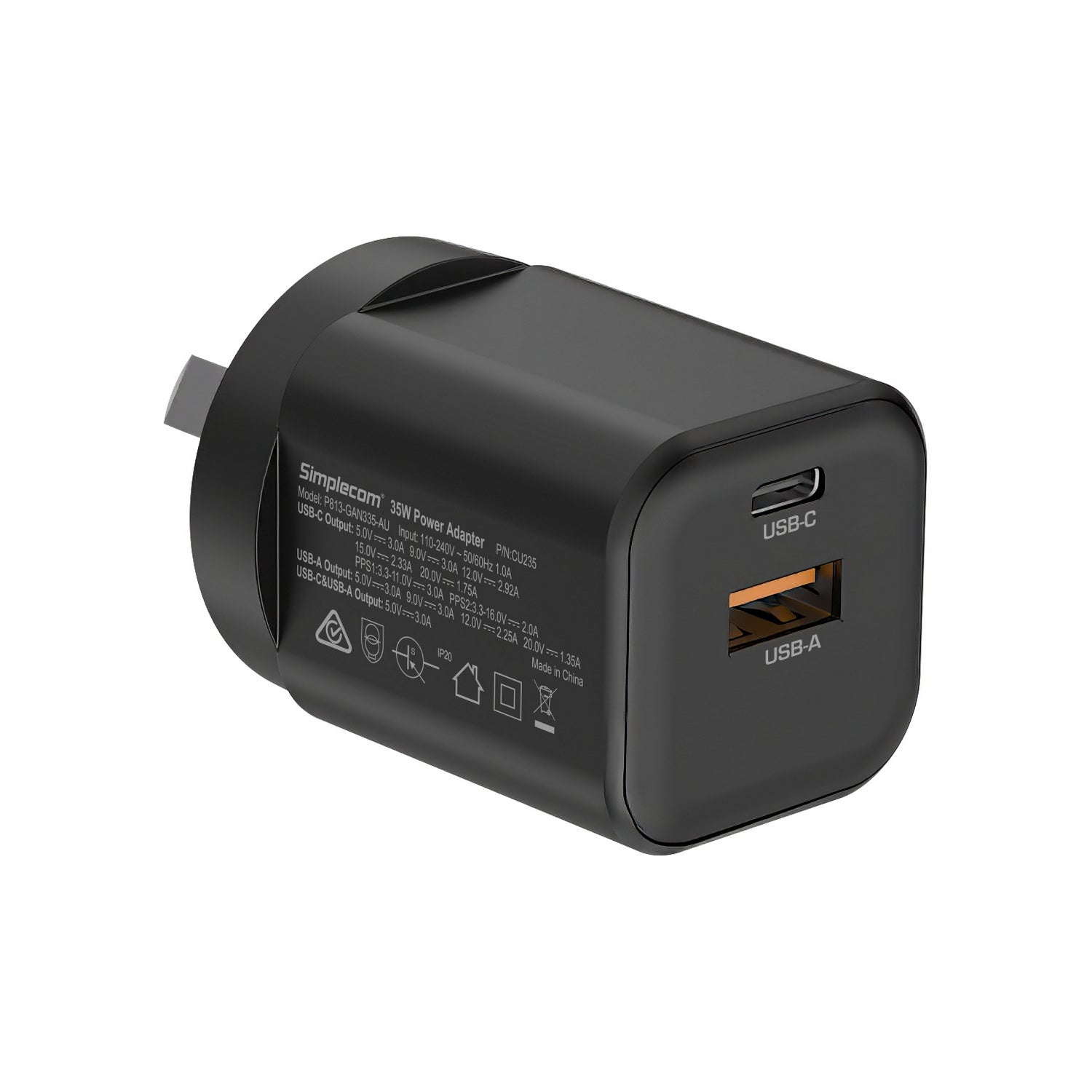 Simplecom CU235 Dual Port PD 35W Fast Wall Charger USB-C + USB-A for Phone Tablet V28-SIMCU235