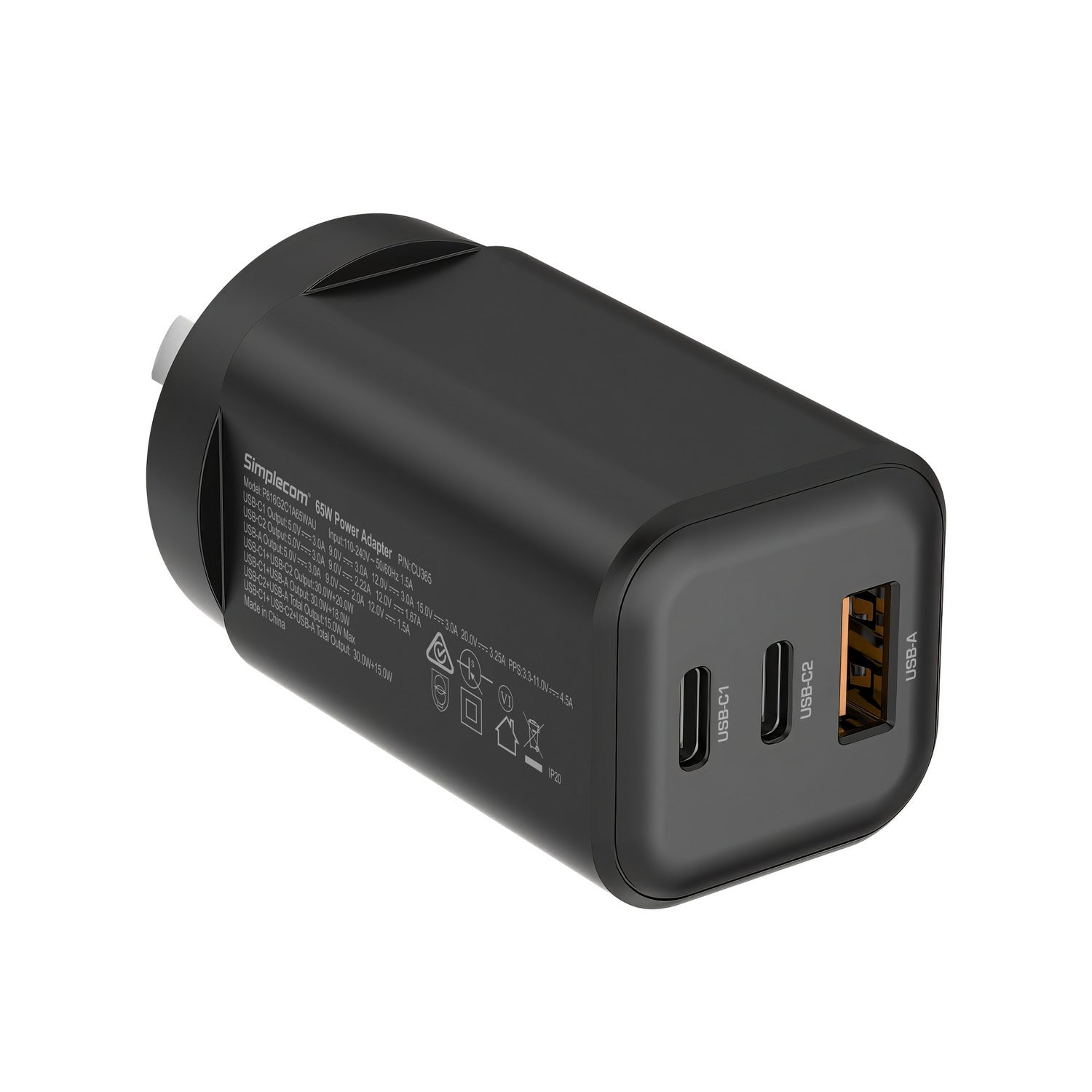 Simplecom CU365 3-Port PD 65W GaN Wall Charger Dual USB-C + USB-A for Phone Laptop V28-SIMCU365