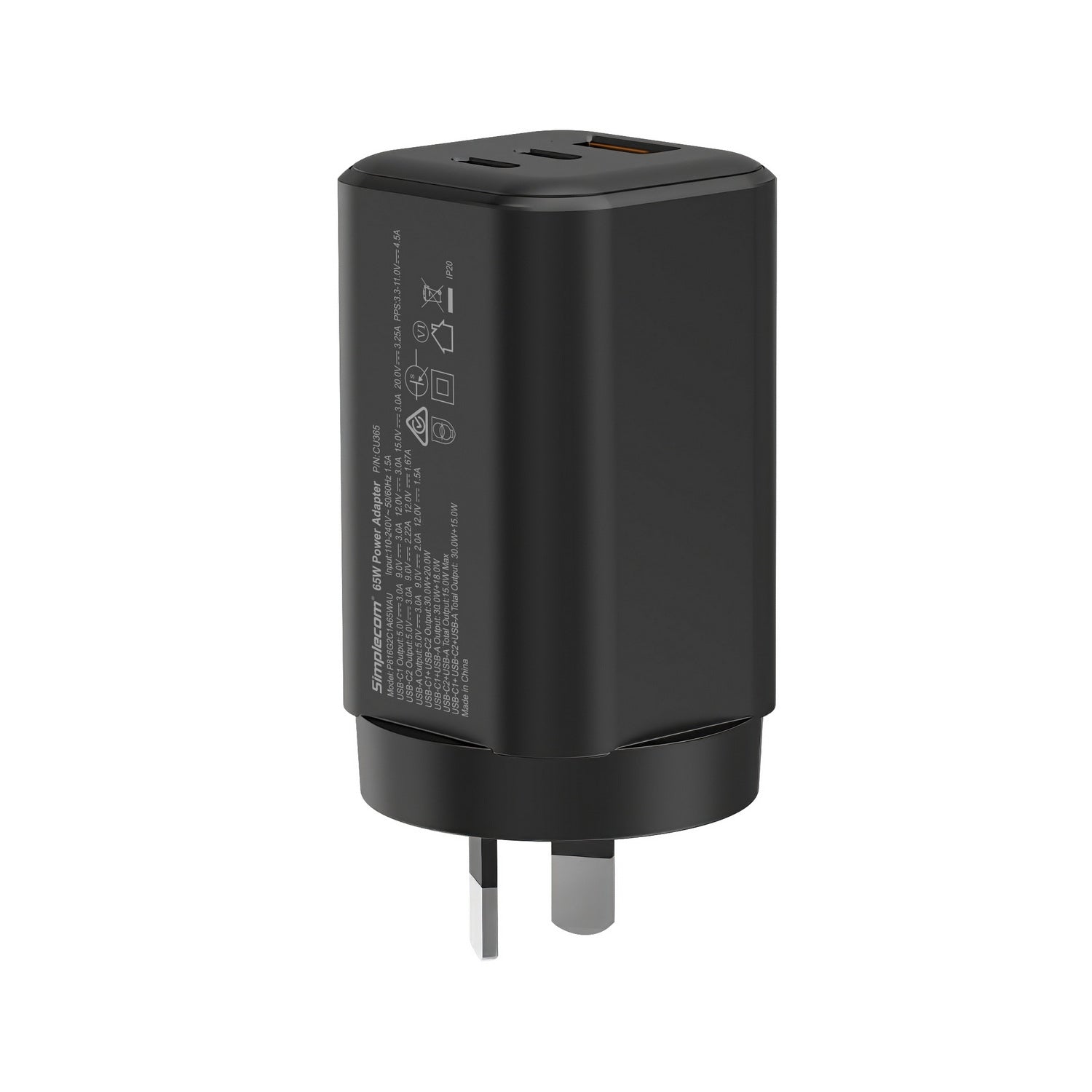 Simplecom CU365 3-Port PD 65W GaN Wall Charger Dual USB-C + USB-A for Phone Laptop V28-SIMCU365