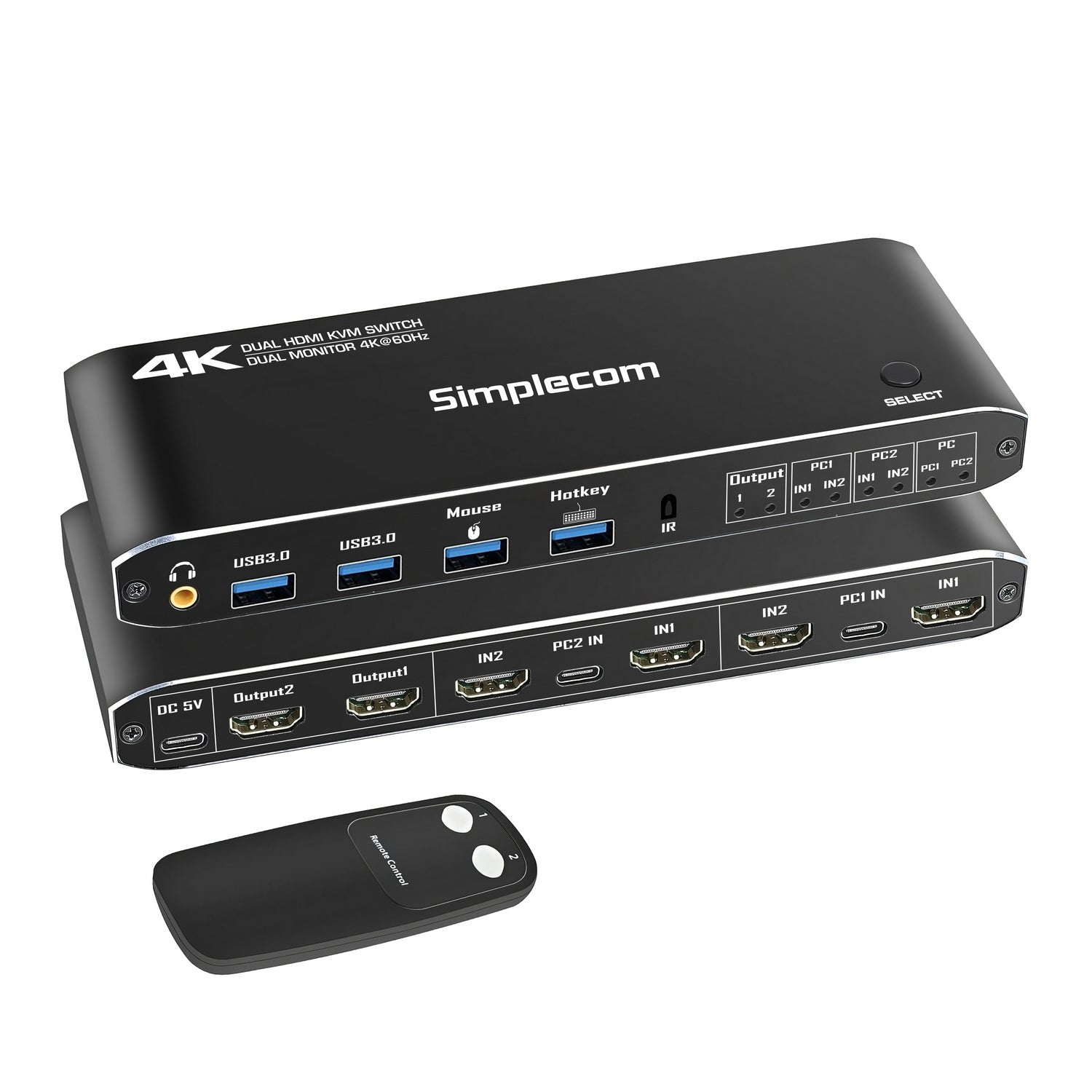 Simplecom KM430 Dual HDMI Monitor KVM Switch for 2 Computers with 4-Port USB Hub 4K@60Hz Keyboard Hotkey V28-SIMKM430