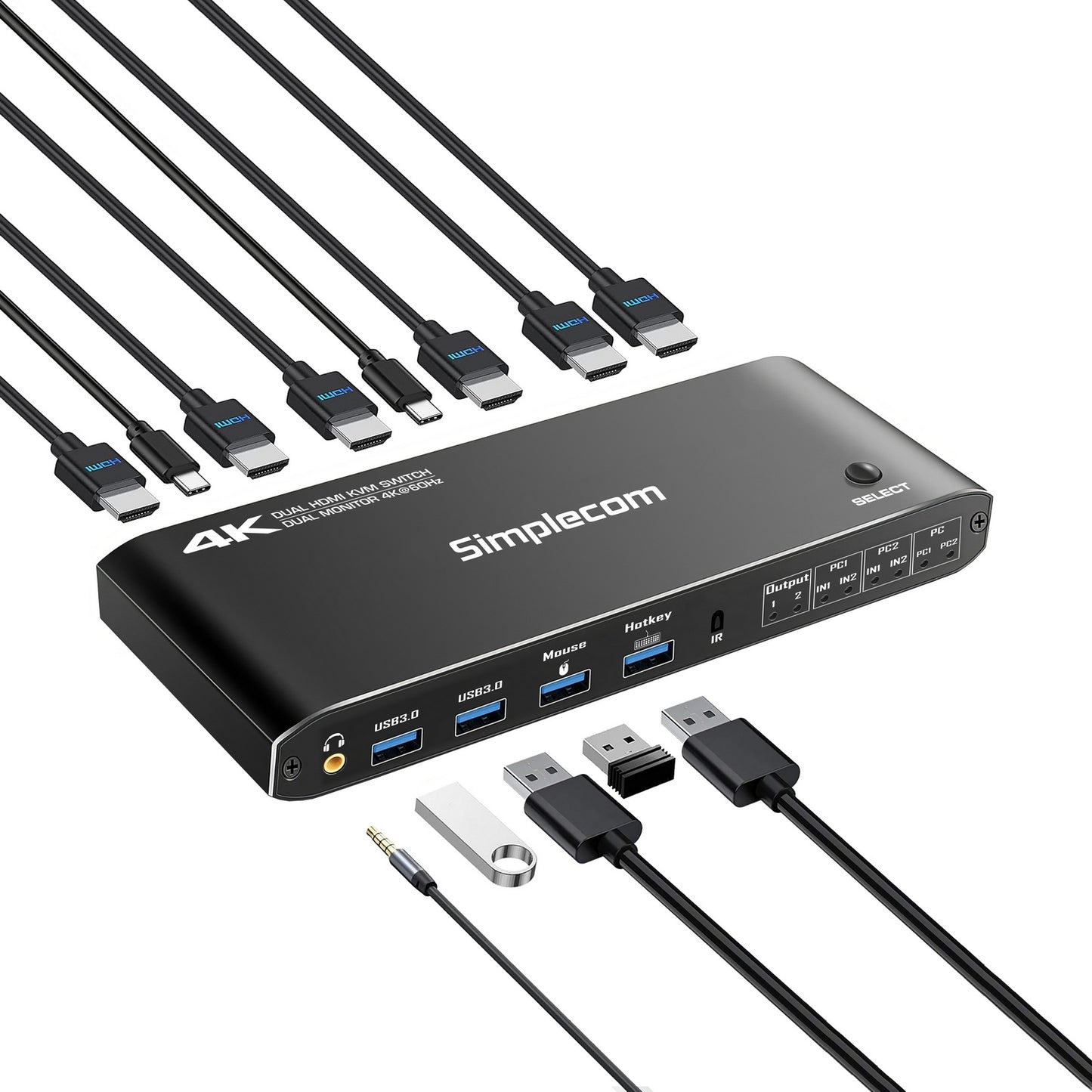 Simplecom KM430 Dual HDMI Monitor KVM Switch for 2 Computers with 4-Port USB Hub 4K@60Hz Keyboard Hotkey V28-SIMKM430