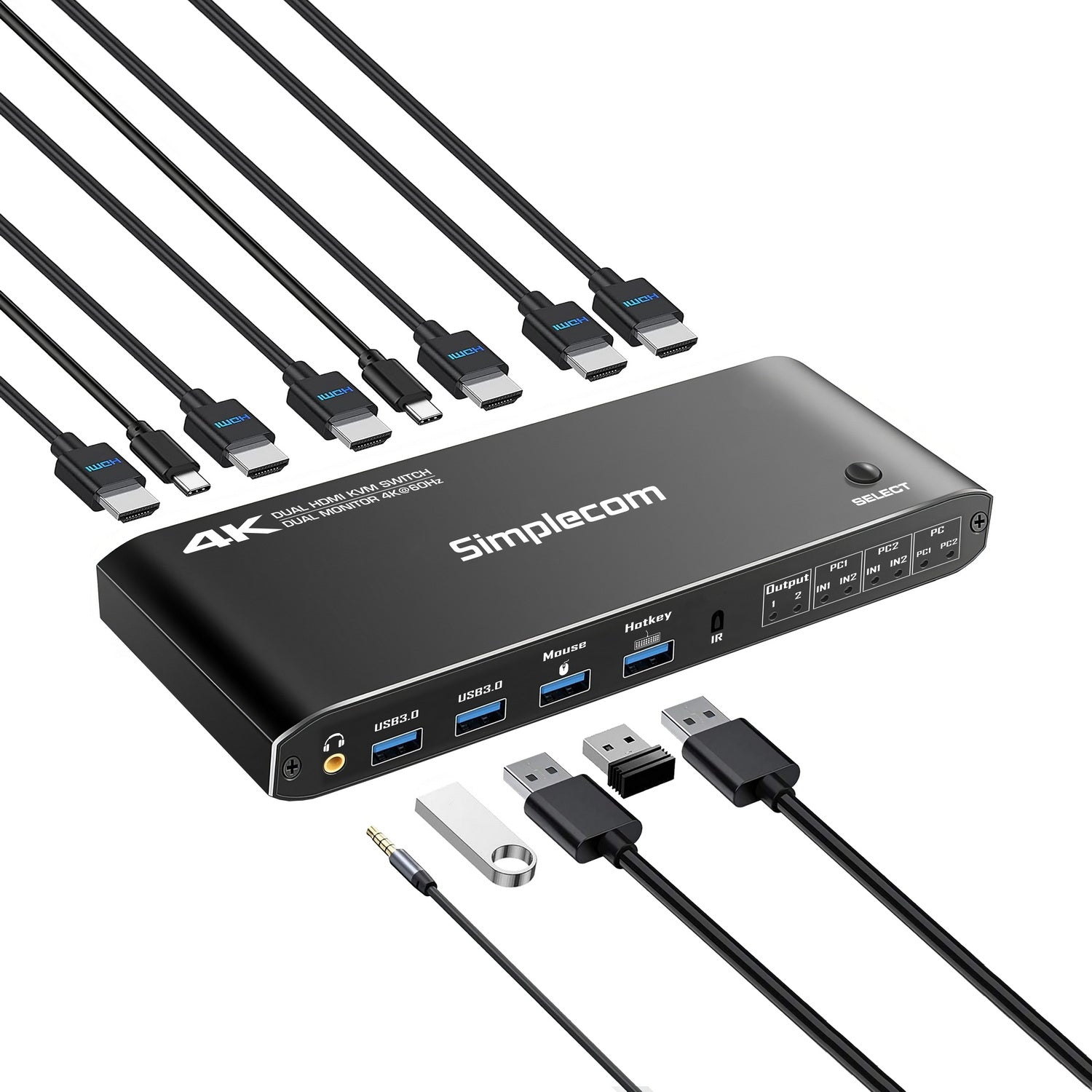 Simplecom KM430 Dual HDMI Monitor KVM Switch for 2 Computers with 4-Port USB Hub 4K@60Hz Keyboard Hotkey V28-SIMKM430