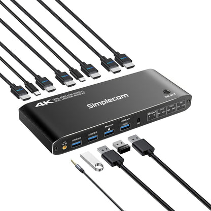 Simplecom KM430 Dual HDMI Monitor KVM Switch for 2 Computers with 4-Port USB Hub 4K@60Hz Keyboard Hotkey V28-SIMKM430