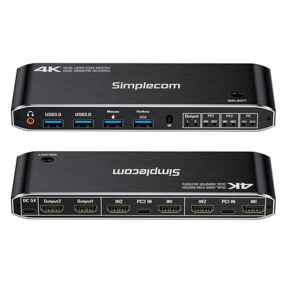 Simplecom KM430 Dual HDMI Monitor KVM Switch for 2 Computers with 4-Port USB Hub 4K@60Hz Keyboard Hotkey V28-SIMKM430