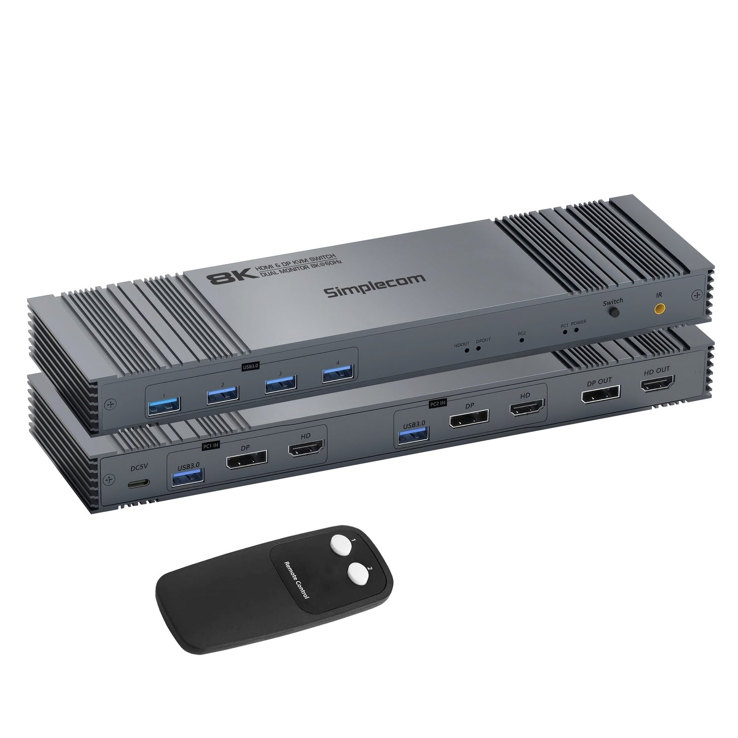 Simplecom KM490 HDMI and DisplayPort Dual Monitor KVM Switch for 2 Computers with 4-Port USB 3.0 Hub 5Gbps V28-SIMKM490