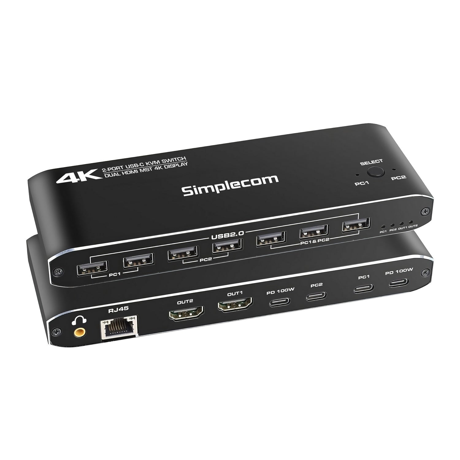 Simplecom KM590 2-Port USB-C Dual 4K HDMI Monitor KVM Switch and Docking Station with Network Sharing V28-SIMKM590