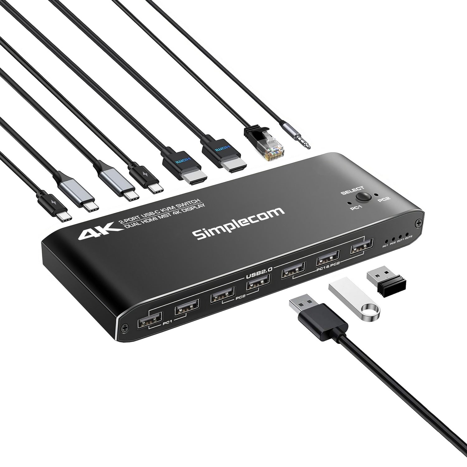 Simplecom KM590 2-Port USB-C Dual 4K HDMI Monitor KVM Switch and Docking Station with Network Sharing V28-SIMKM590