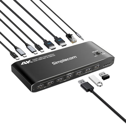 Simplecom KM590 2-Port USB-C Dual 4K HDMI Monitor KVM Switch and Docking Station with Network Sharing V28-SIMKM590