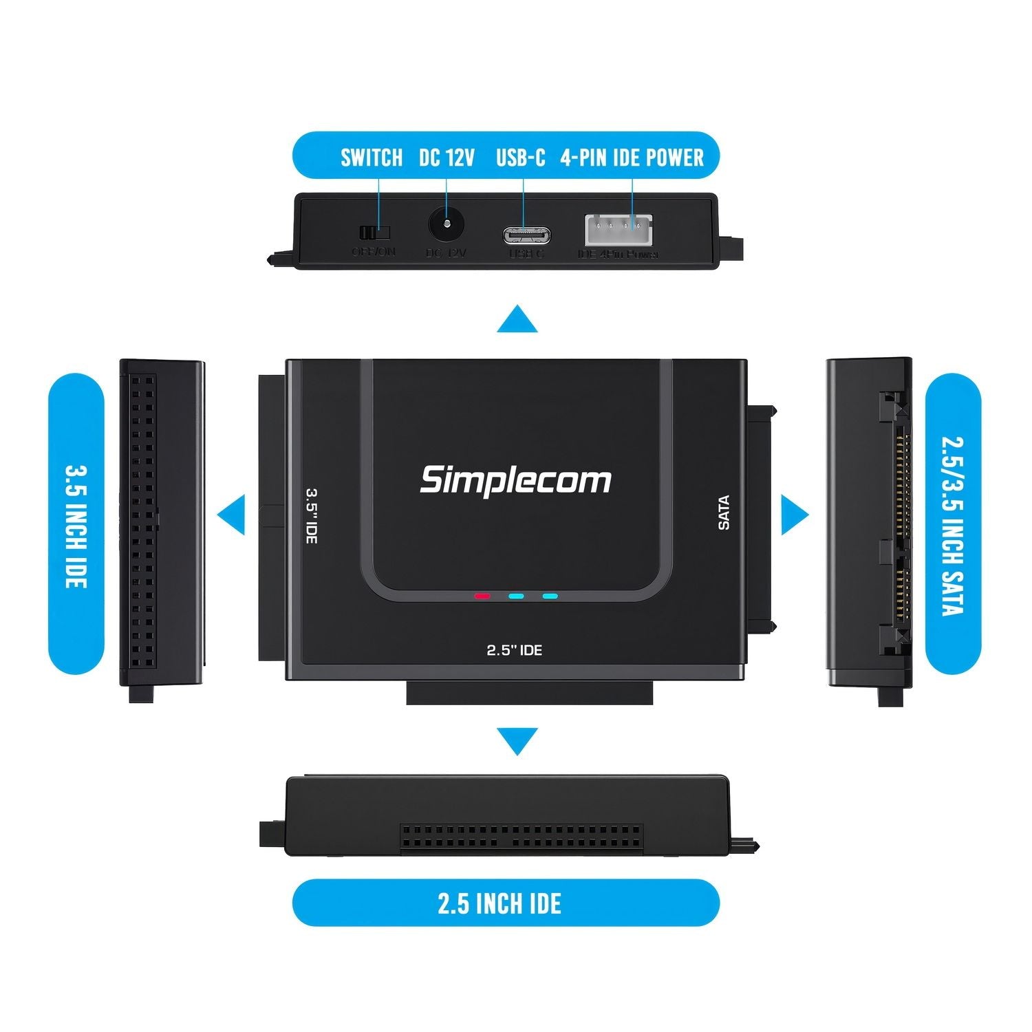 Simplecom SA492C SuperSpeed USB to 2.5", 3.5" & 5.25" SATA/IDE Adapter with Power Supply V28-SIMSA492C