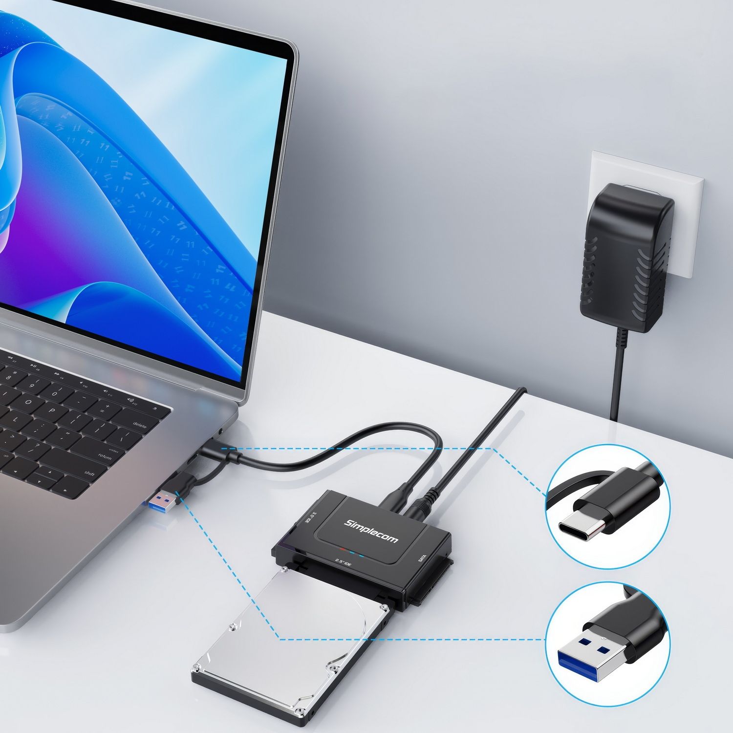 Simplecom SA492C SuperSpeed USB to 2.5", 3.5" & 5.25" SATA/IDE Adapter with Power Supply V28-SIMSA492C