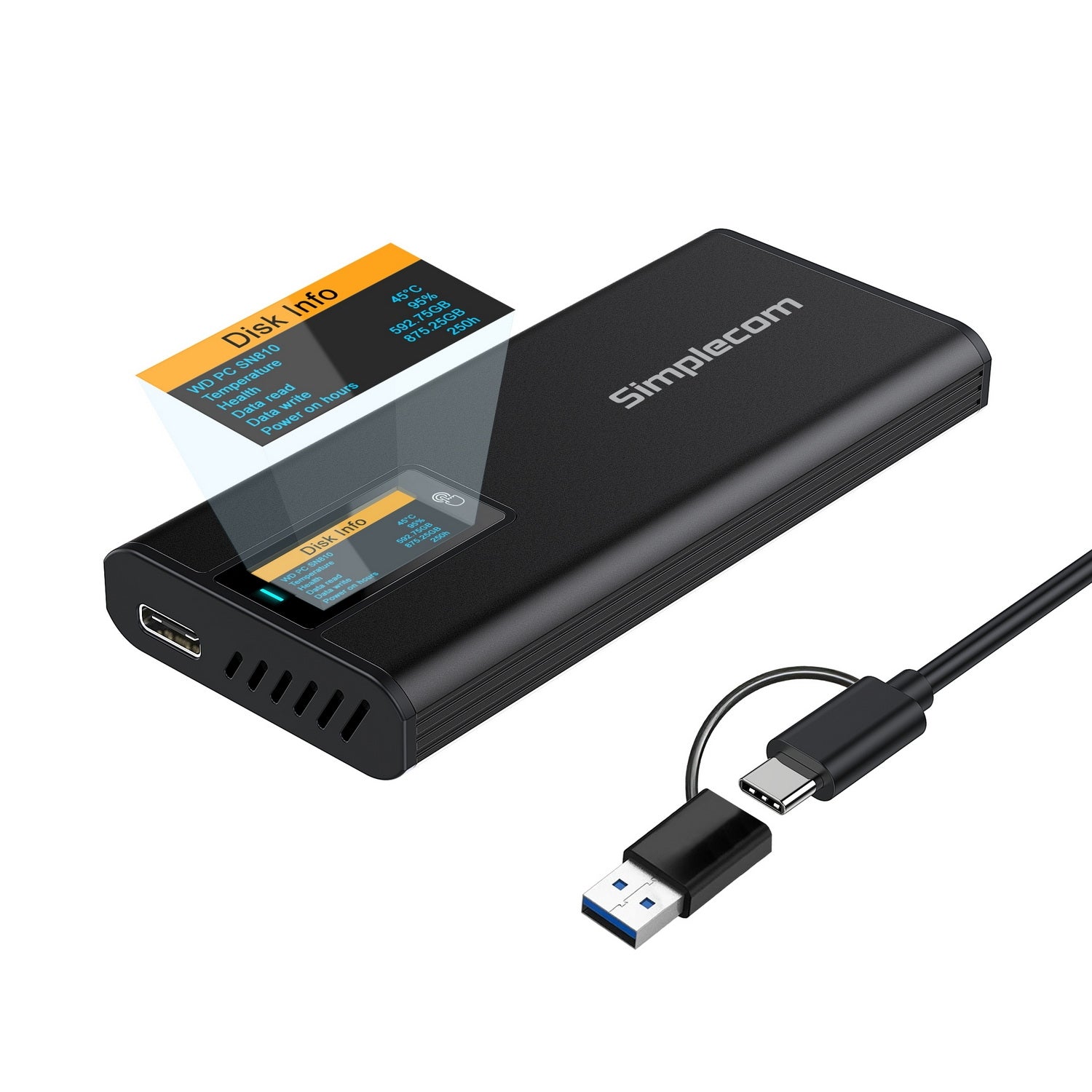 Simplecom SE530 NVMe / SATA M.2 SSD to USB-C Enclosure with SMART LED Screen USB 3.2 Gen 2 10Gbps V28-SIMSE530