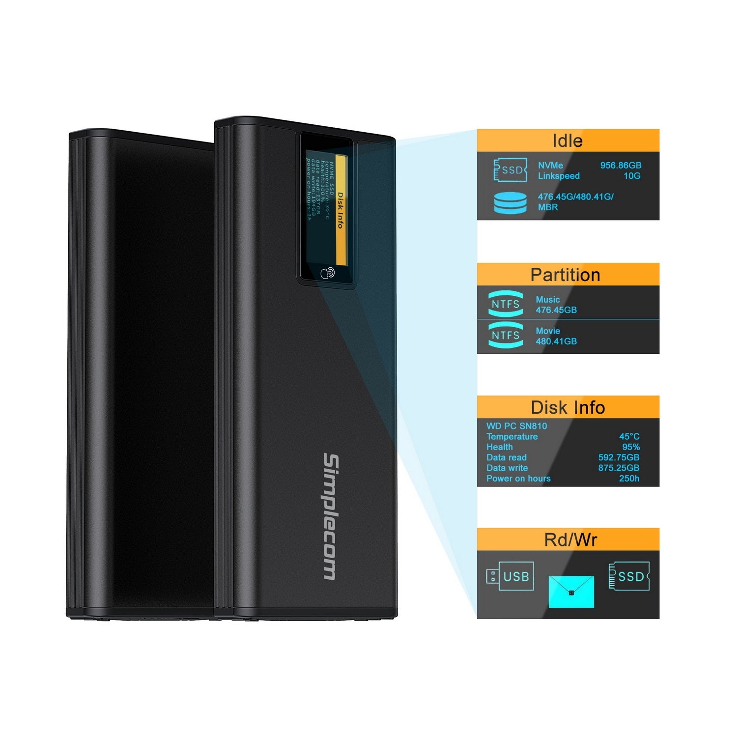 Simplecom SE530 NVMe / SATA M.2 SSD to USB-C Enclosure with SMART LED Screen USB 3.2 Gen 2 10Gbps V28-SIMSE530