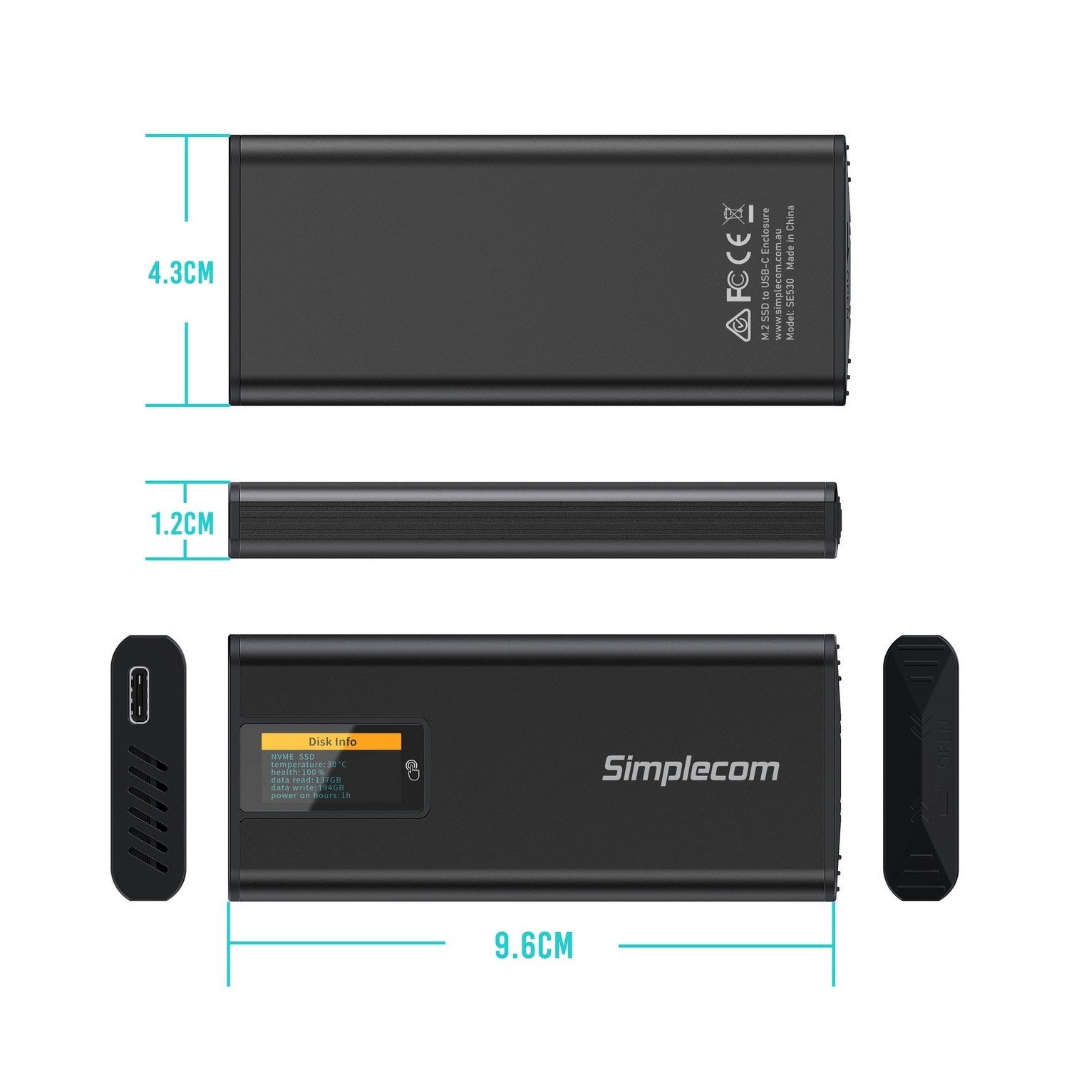 Simplecom SE530 NVMe / SATA M.2 SSD to USB-C Enclosure with SMART LED Screen USB 3.2 Gen 2 10Gbps V28-SIMSE530