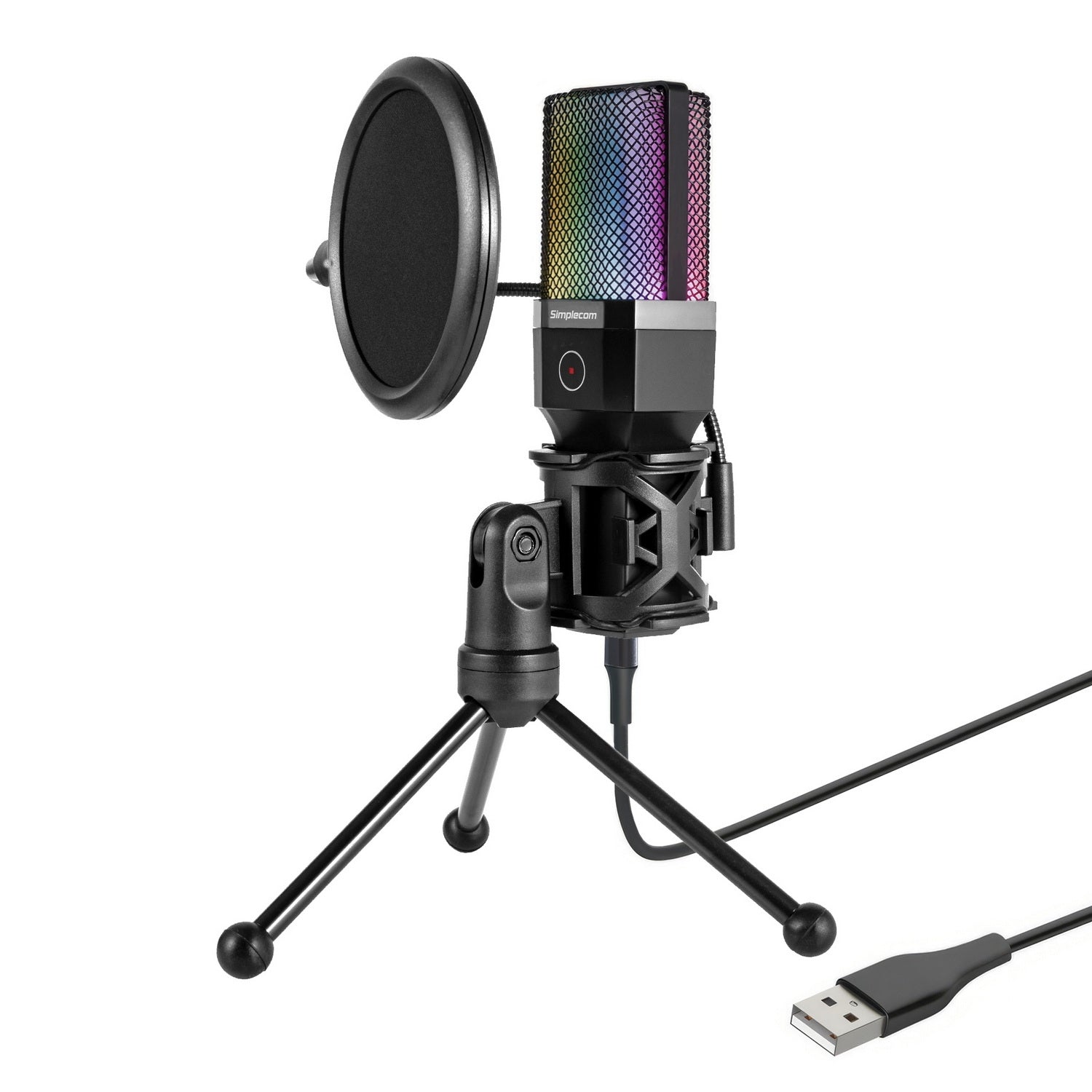 Simplecom UM650 USB Cardioid Condenser Microphone Gaming RGB Lights with Tripod & Pop Filter V28-UM650