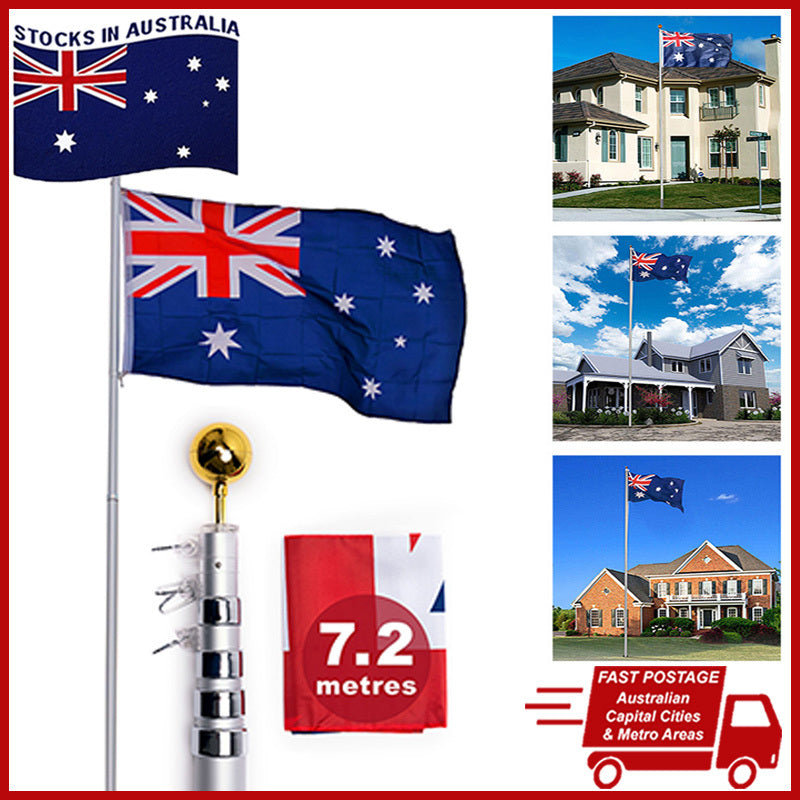 Rustproof Aluminum Flag Pole with 7.2m, Heavy-Duty Telescoping Pole for Outdoors, Gardens, Roof Walls, V284-AUS-1