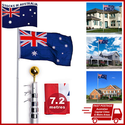 Rustproof Aluminum Flag Pole with 7.2m, Heavy-Duty Telescoping Pole for Outdoors, Gardens, Roof Walls, V284-AUS-1