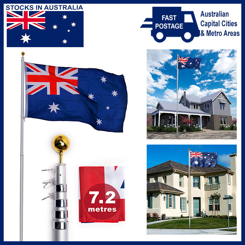 Rustproof Aluminum Flag Pole with 7.2m, Heavy-Duty Telescoping Pole for Outdoors, Gardens, Roof Walls, V284-AUS-1