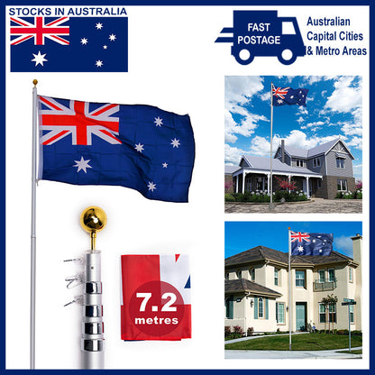 Rustproof Aluminum Flag Pole with 7.2m, Heavy-Duty Telescoping Pole for Outdoors, Gardens, Roof Walls, V284-AUS-1