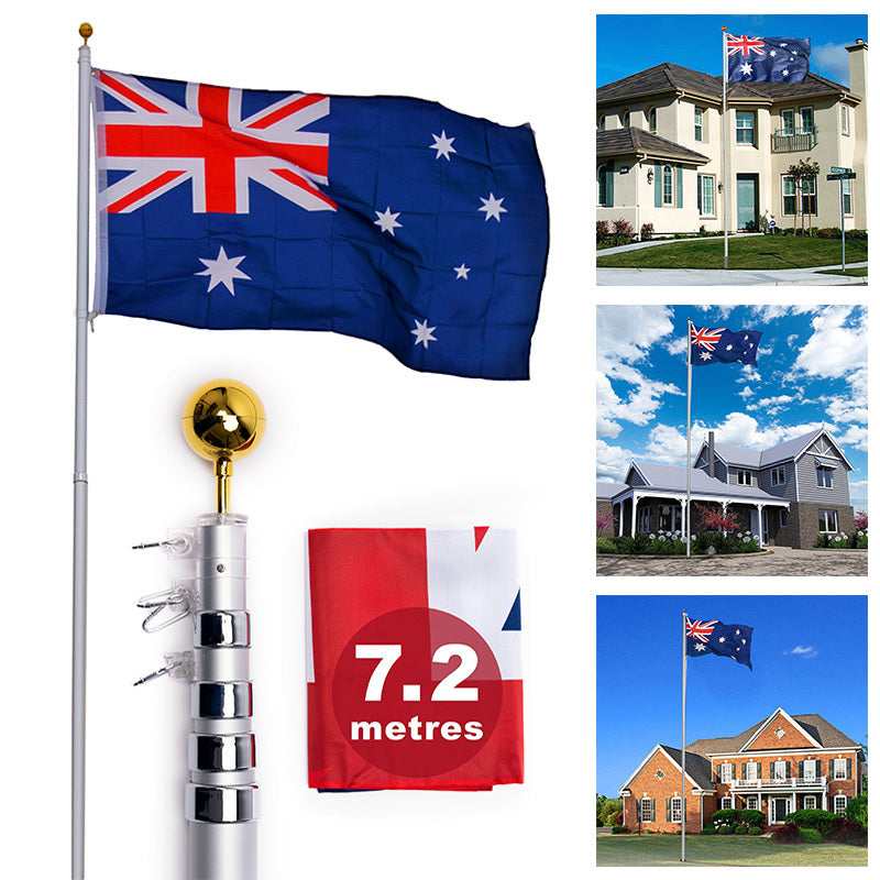 Rustproof Aluminum Flag Pole with 7.2m, Heavy-Duty Telescoping Pole for Outdoors, Gardens, Roof Walls, V284-AUS-1
