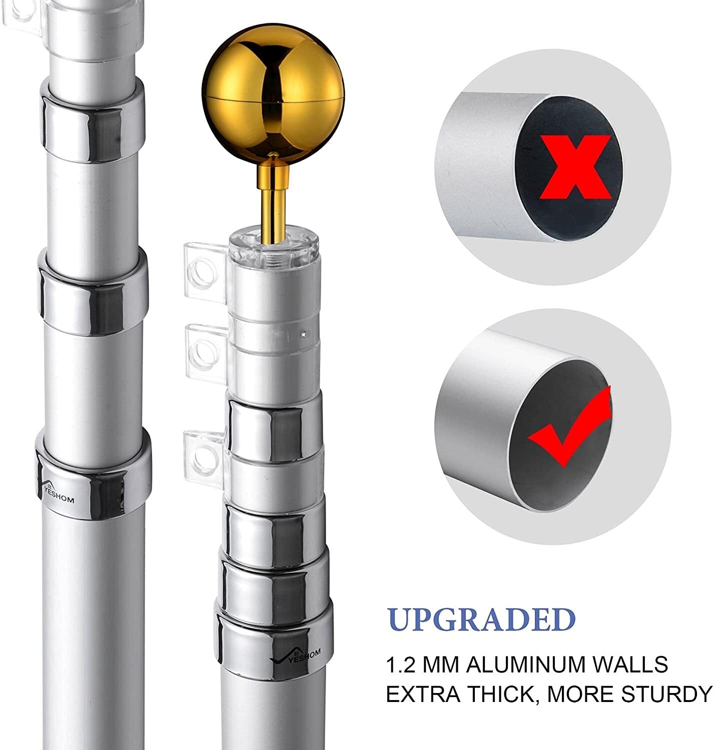 Rustproof Aluminum Flag Pole with 7.2m, Heavy-Duty Telescoping Pole for Outdoors, Gardens, Roof Walls, V284-AUS-1