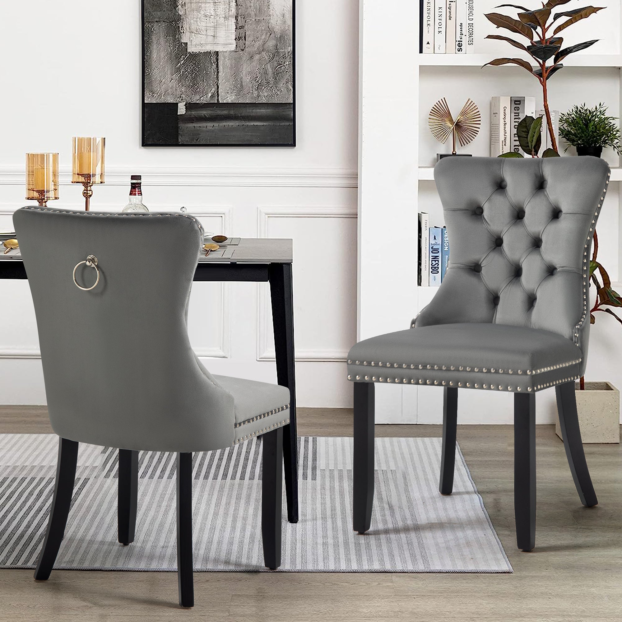 Set of 2 - Alsea Dark Grey Velvet & Black Rubberwood Dining Chairs Upholstered Tufted Stud Trim and Ring V292-DC-ALSEA-DGREY-BLACK