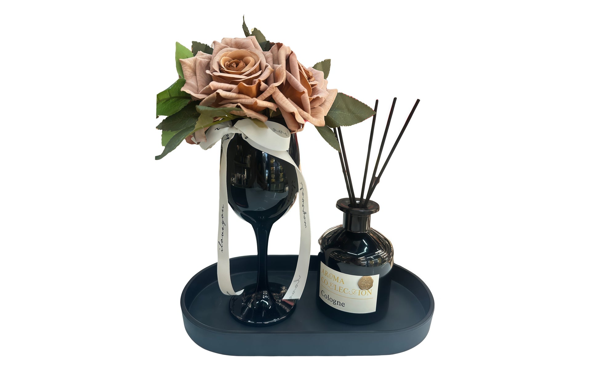 Flower Decor Tray & Fragrance Diffuser Sets -Black V292-HD-TRAY-CHAMPAGNESET-BLACK