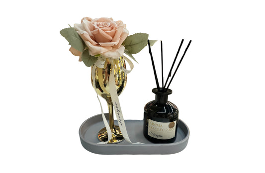 Flower Decor Tray & Fragrance Diffuser Sets -Gold V292-HD-TRAY-CHAMPAGNESET-GOLD