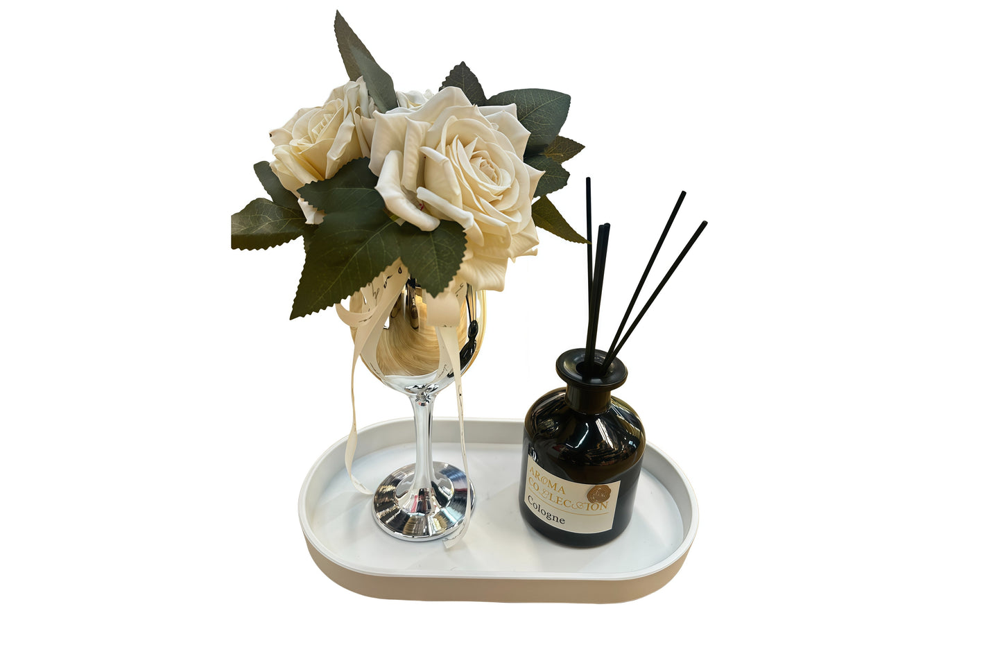 Flower Decor Tray & Fragrance Diffuser Sets -Silver V292-HD-TRAY-CHAMPAGNESET-SILVER