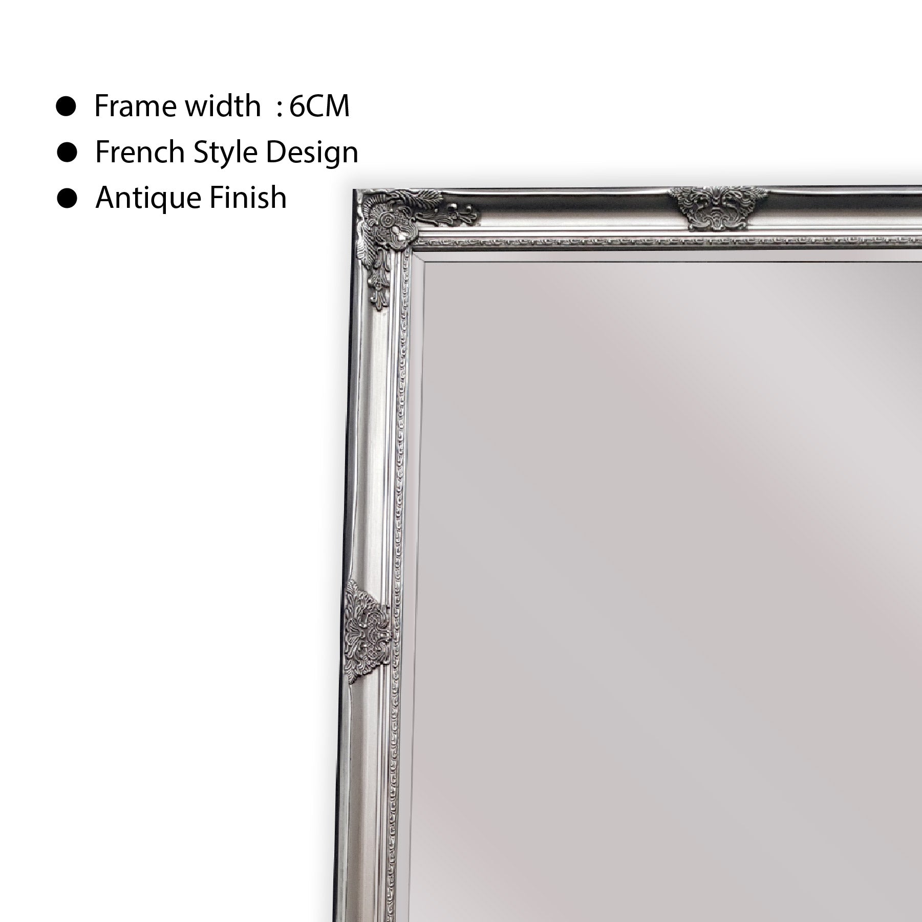 French Provincial Ornate Mirror - Antique Silver - Free Standing 50cm x 170cm V292-M-FR-FS-SILVER