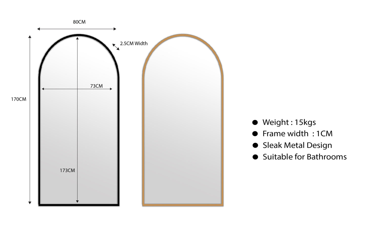 Metal Arch Mirror 80cm x 170cm - Black V292-MIRR-ARCH0035
