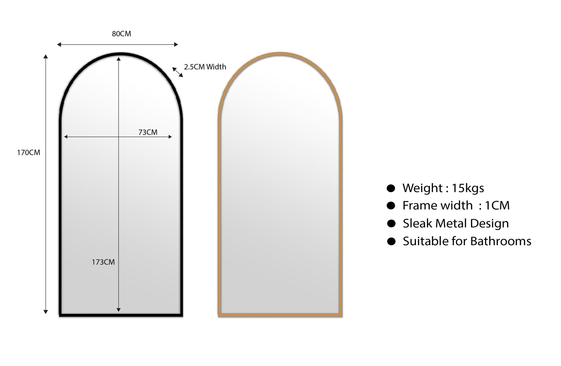 Metal Arch Mirror 80cm x 170cm - Gold V292-MIRR-ARCH0036