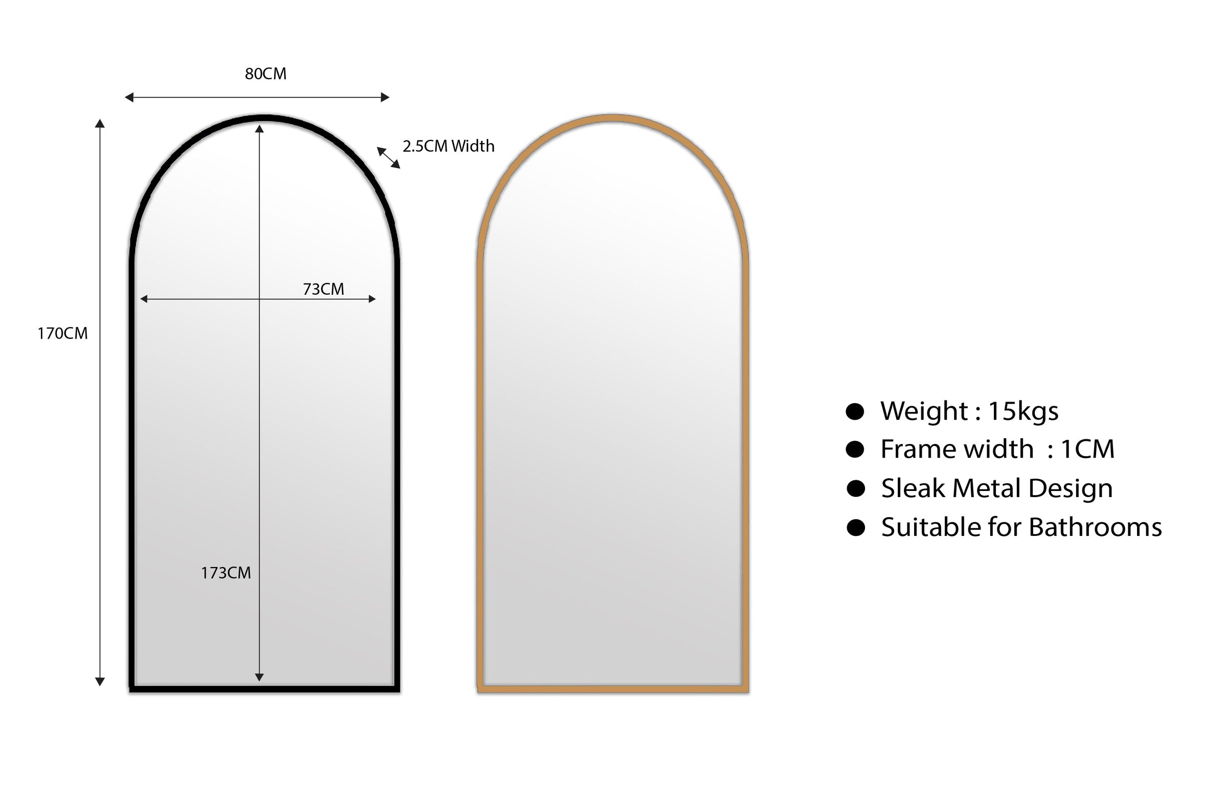 Metal Arch Mirror 80cm x 170cm - Gold V292-MIRR-ARCH0036