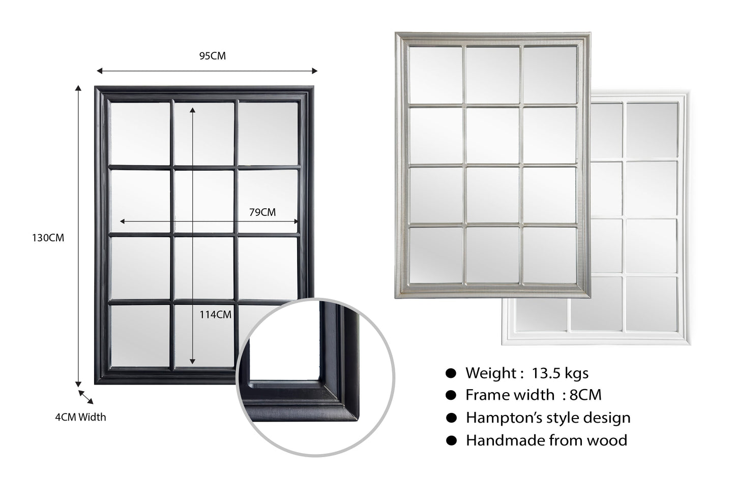 Window Style Mirror - White Rectangle 95cm x 130cm V292-MIRR-ARCH018