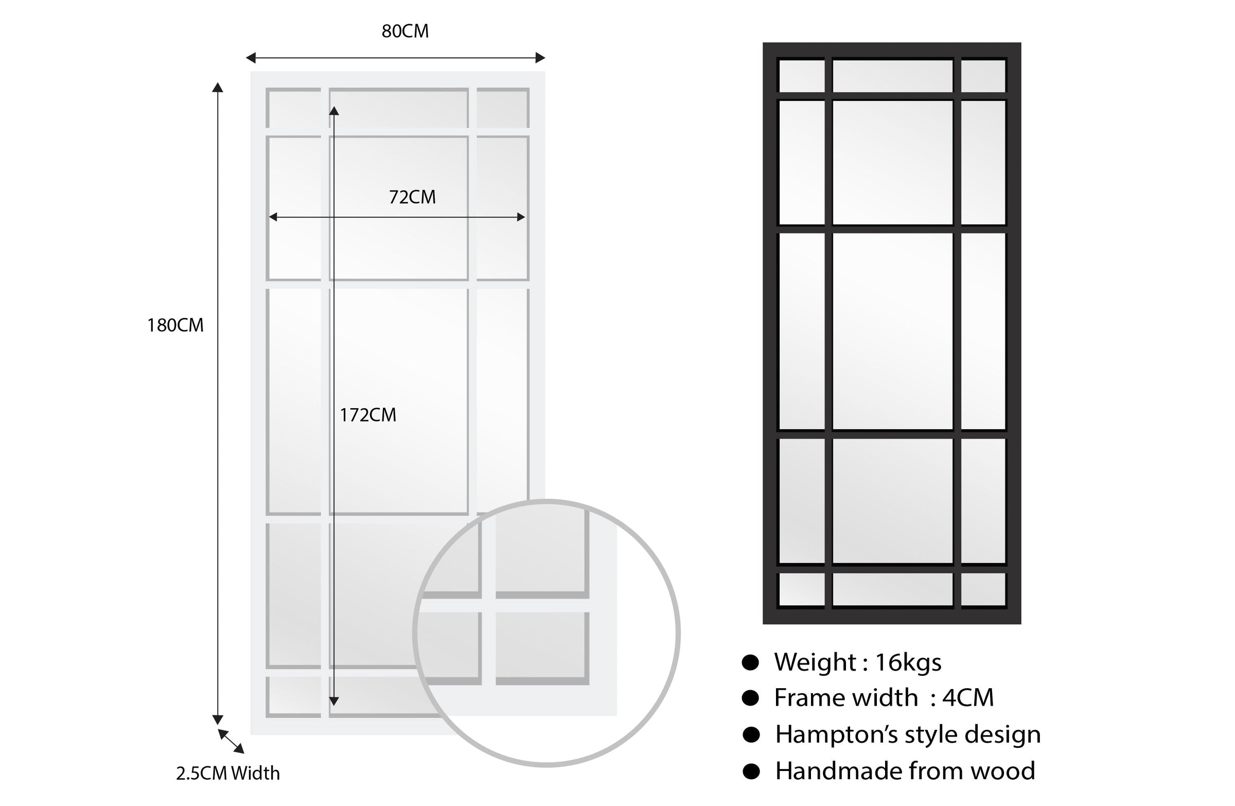 Window Style Mirror Full Length - Black 80 CM x 180 CM V292-MIRR-ARCH021
