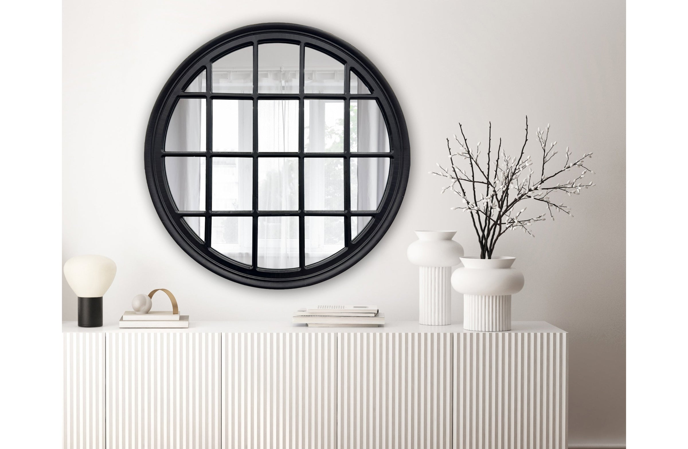 Window Style Mirror - Black Circle 100cm V292-MIRR-ARCH025