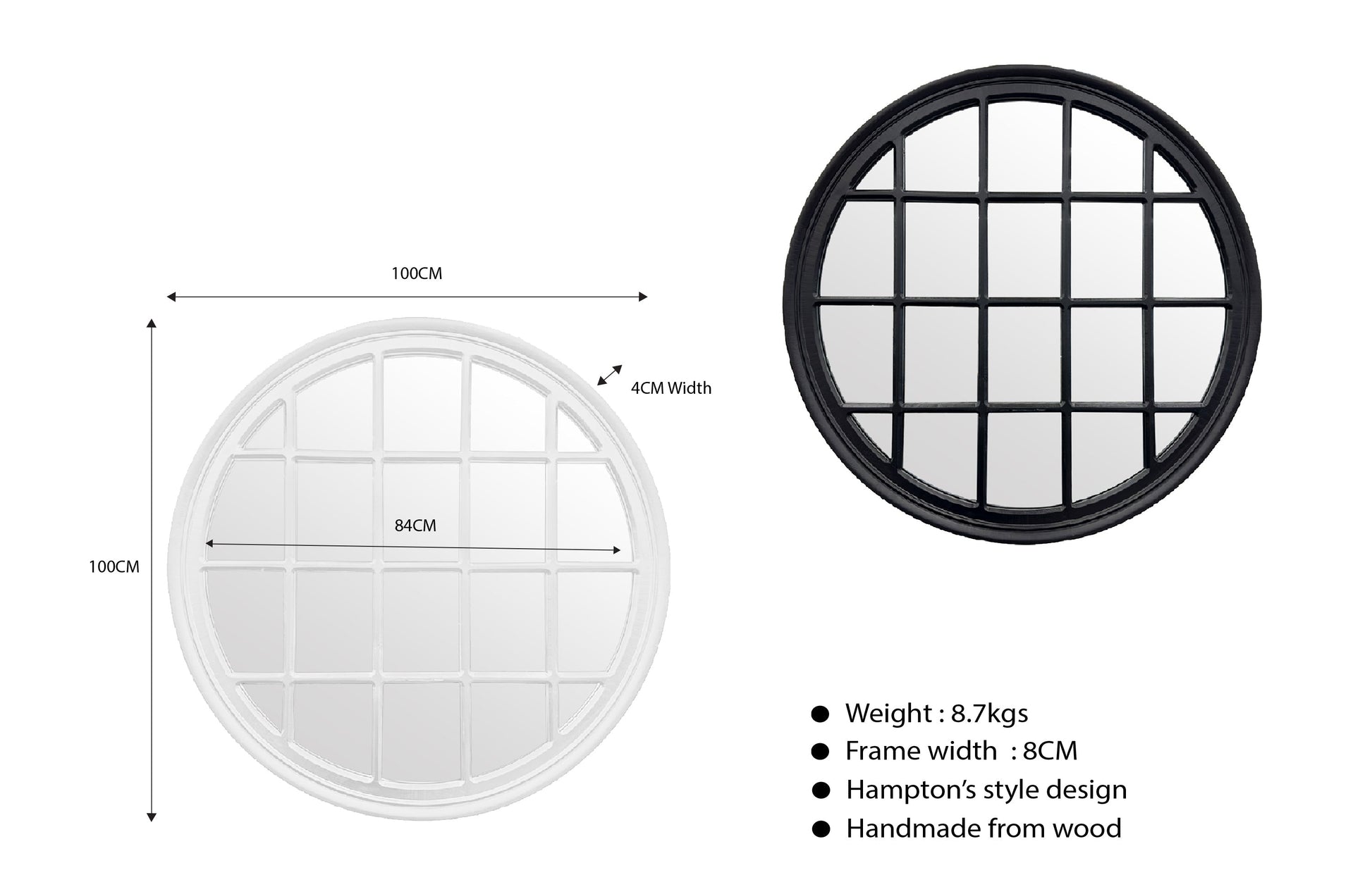 Window Style Mirror - Black Circle 100cm V292-MIRR-ARCH025
