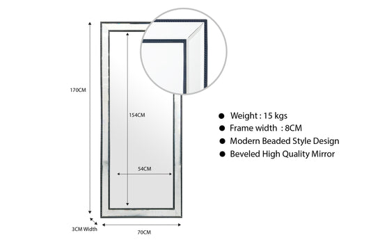 Medium Silver Beaded Framed Mirror - 70cm x 170cm V292-MIRR-BDD004