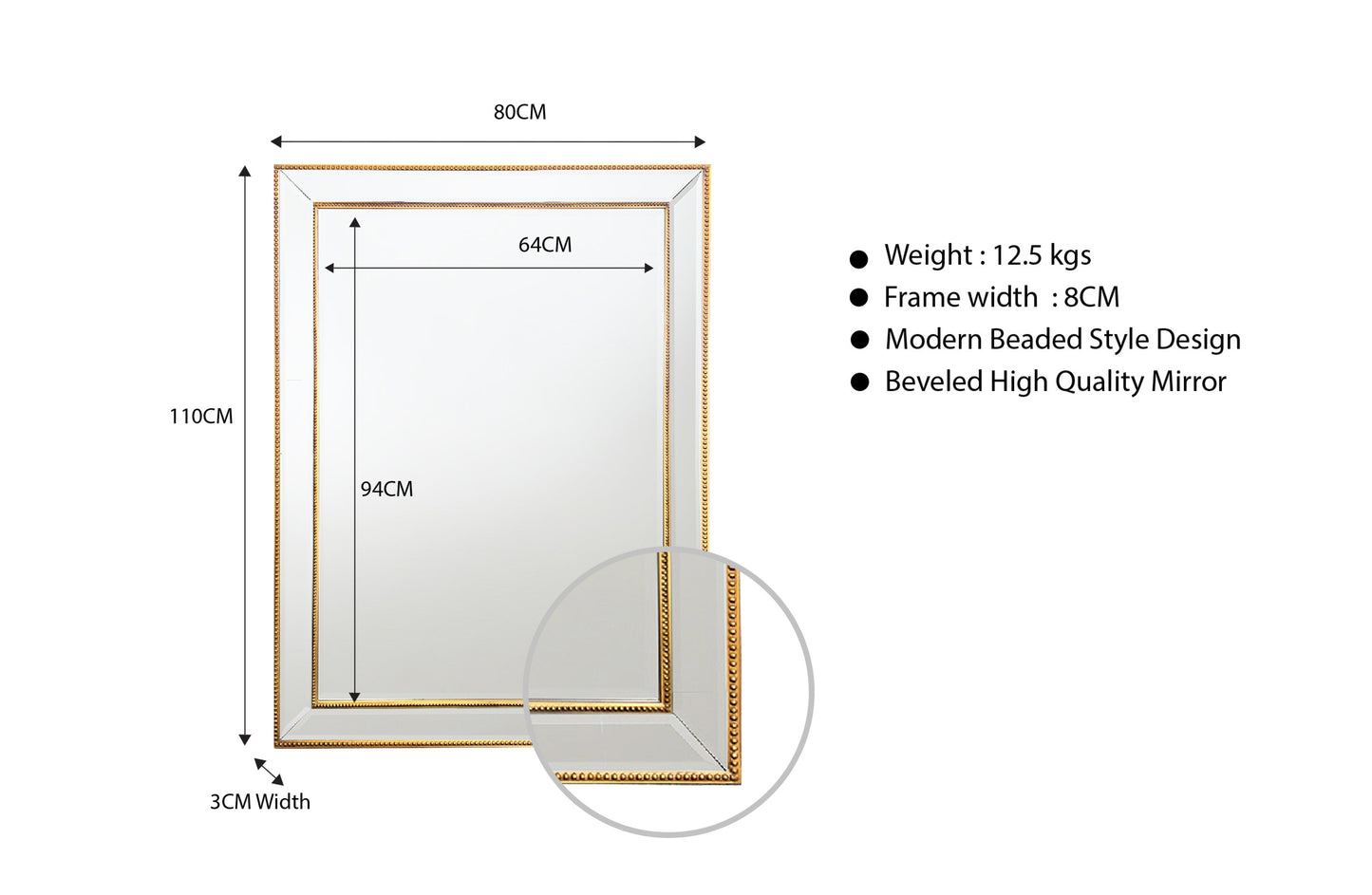 Black Beaded Framed Mirror - Rectangle 80cm x 110cm V292-MIRR-BDD007
