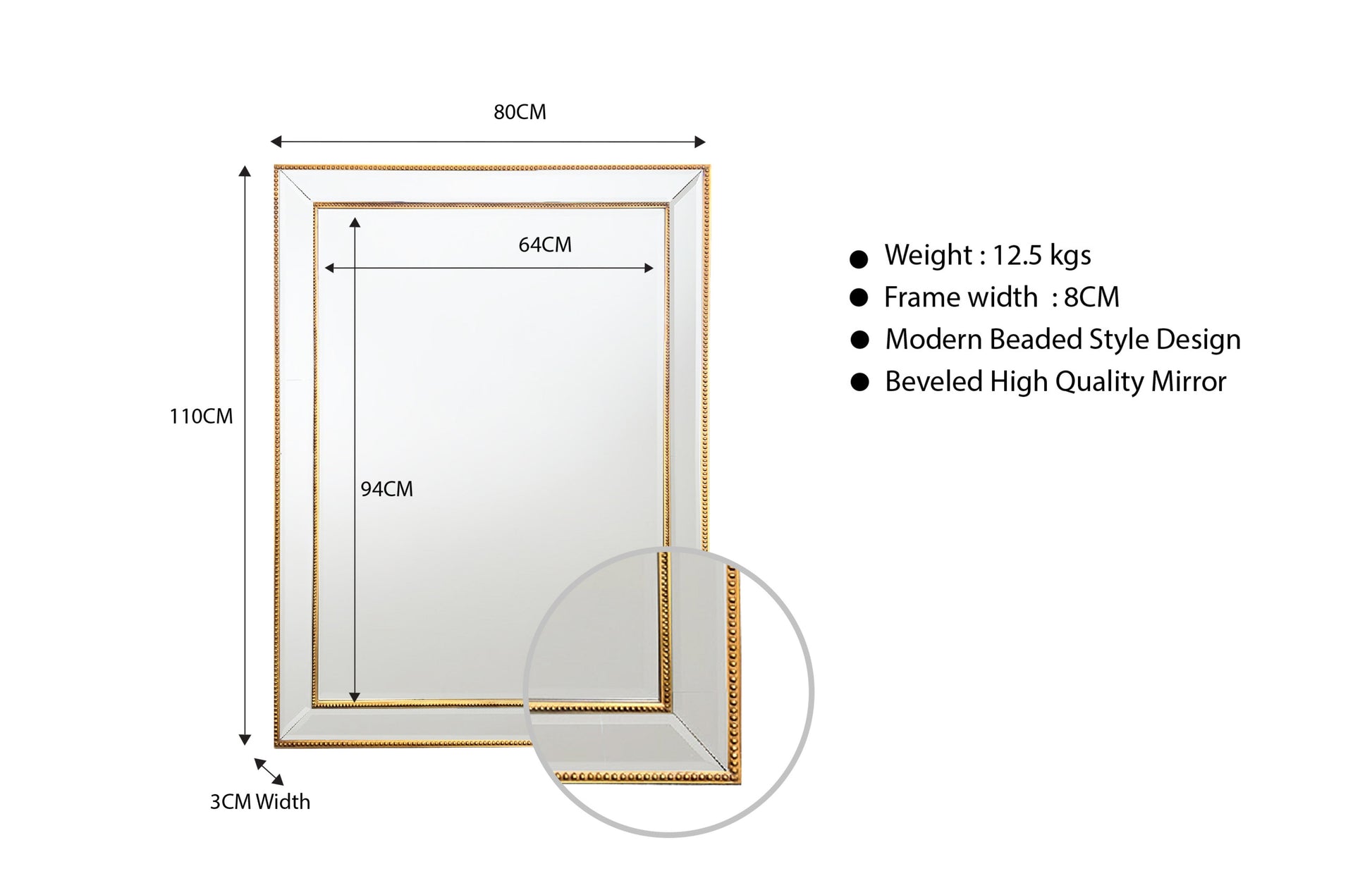 Black Beaded Framed Mirror - Rectangle 80cm x 110cm V292-MIRR-BDD007