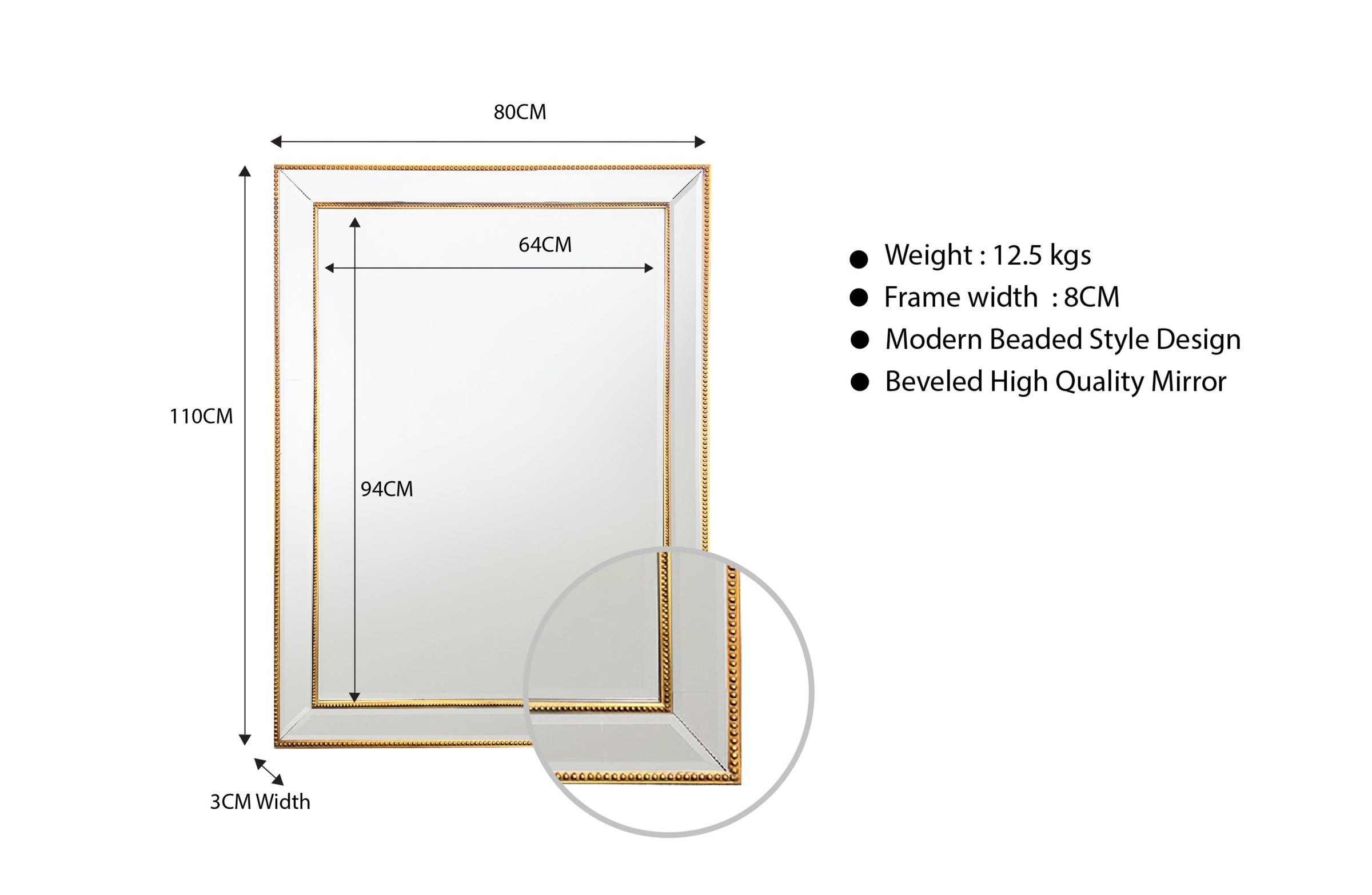 Gold Beaded Framed Mirror - Rectangle 80cm x 110cm V292-MIRR-BDD009