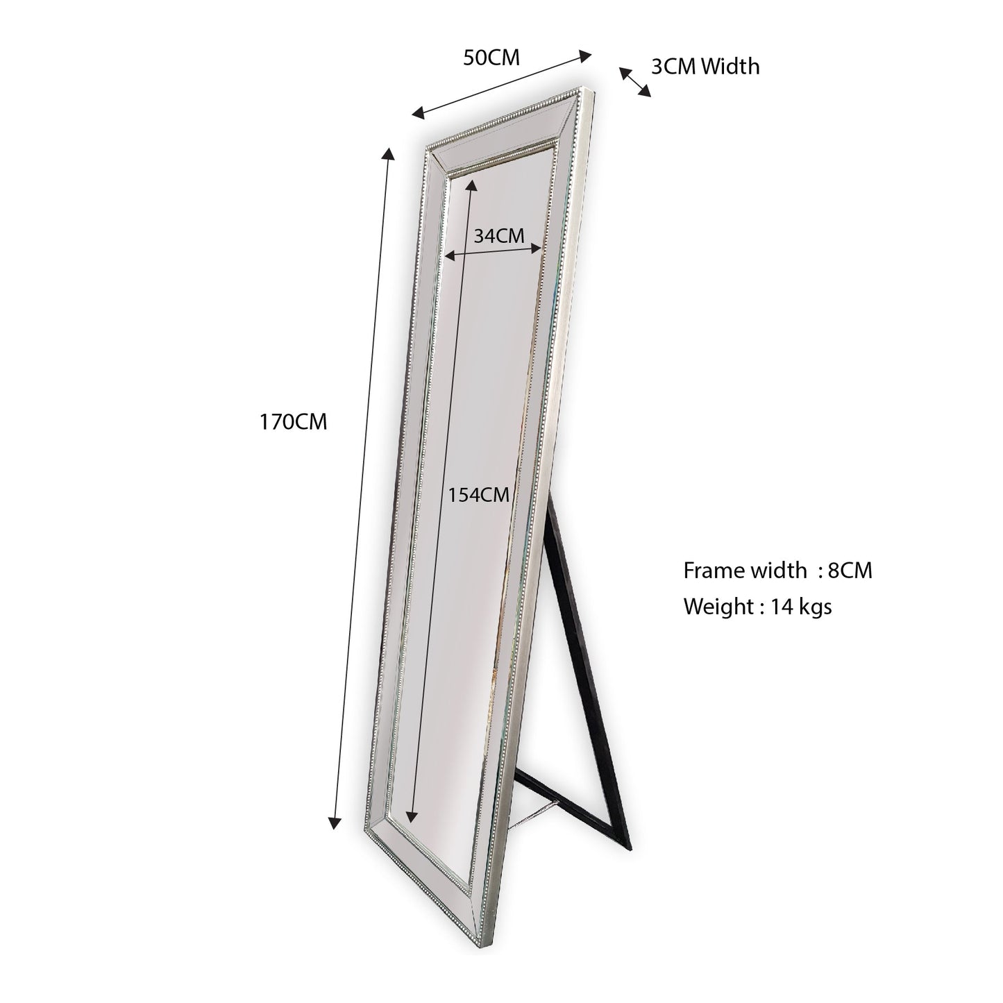 Silver Beaded Framed Mirror - Free Standing 50cm x 170cm V292-MIRR-BDD011
