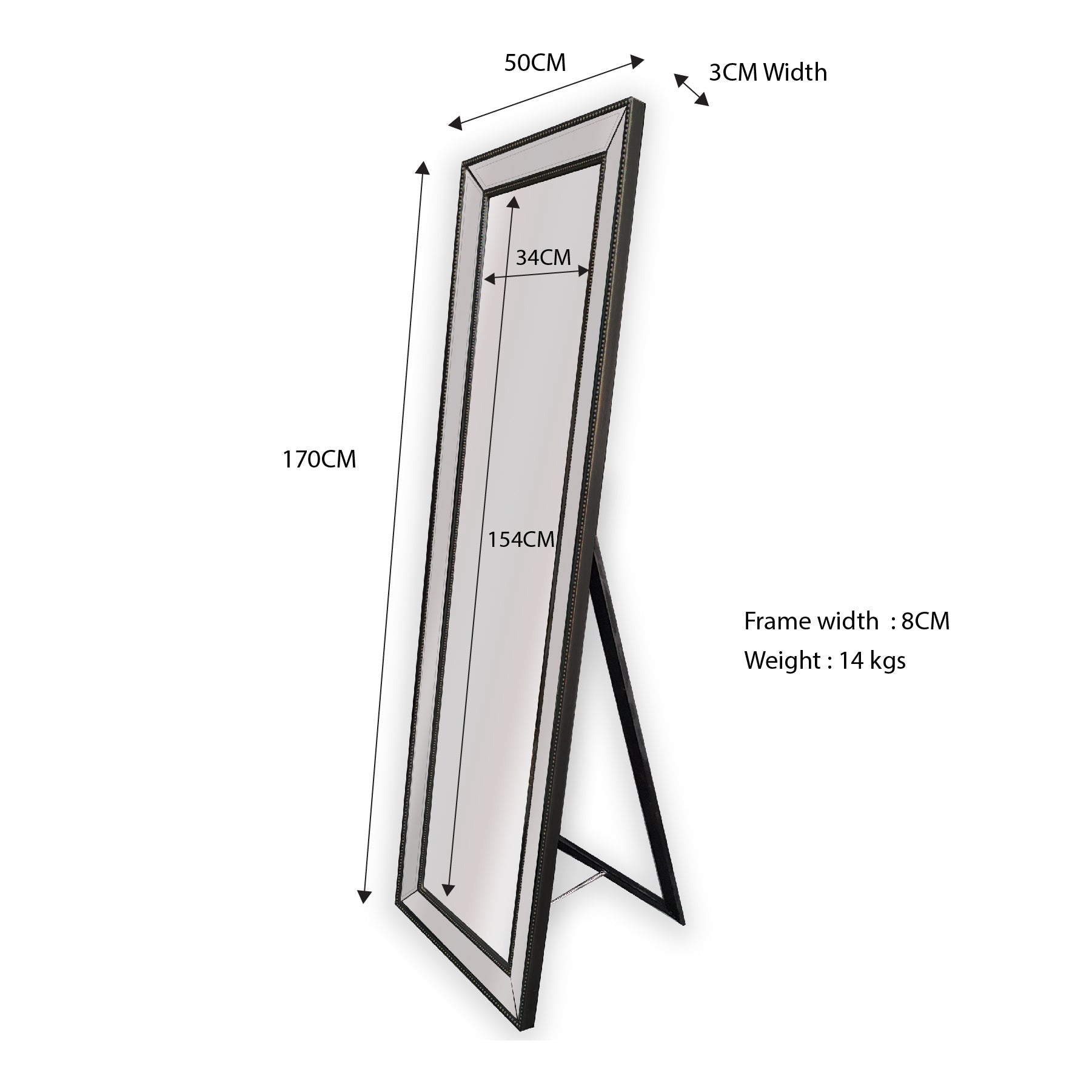 Black Beaded Framed Mirror - Free Standing 50cm x 170cm V292-MIRR-BDD012