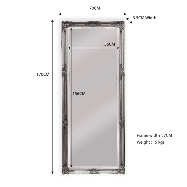 French Provincial Ornate Mirror - Antique Silver - Medium 70cm x 170cm V292-MIRR-FRN006