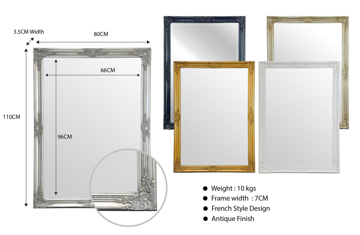 French Provincial Ornate Mirror - Antique Silver - Small 80cm x 110cm V292-MIRR-FRN012